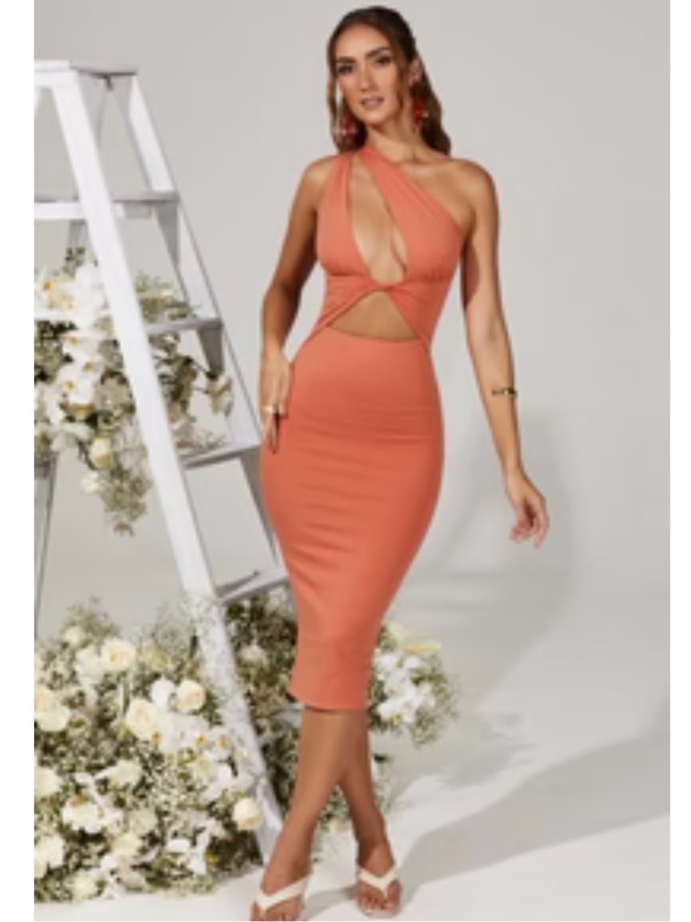 Oh Polly One-Shoulder Cutout Midi Dress in Coral